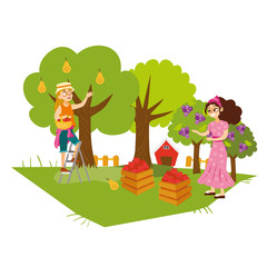 Two girls gathering fruits in orchard flat poster