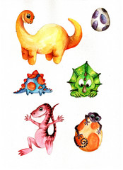 Cute Little Watercolor Dinos hand painted illustration