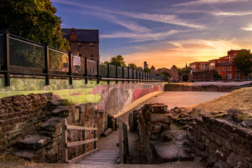 Sunset view of the Roman Amphitheatre in Chester, England, the largest so far uncovered in Britain.