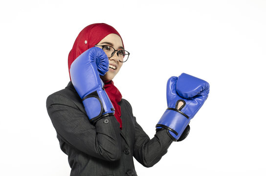 happy expression young lady with boxing glove over white background