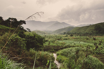 River, plantations, mountains and lush green tropical vegetation on overcast day at Ring Road,...