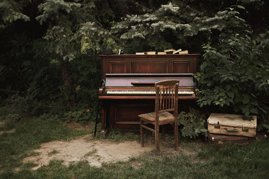 Old Vintage piano in the garden. Copy Space