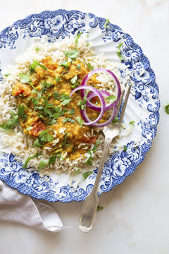Indian vegan dinner - dal, rice and onion.