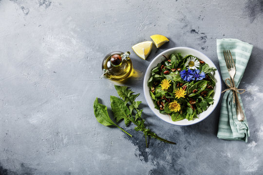 Salad from Meadow and Medicinal herbs with dandelion and nettle leaves for clean eating biohackers paleo diet