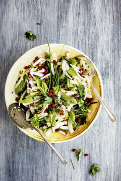 Fennel Herb Salad with Italian Style Salsa Verde. Photographed on a b;ack/grey background.