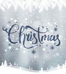 Christmas and New Year typographical on background with winter landscape with snowflakes, light, stars. Xmas card.