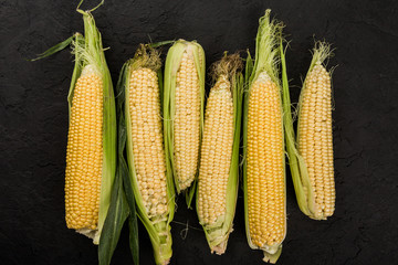 Fresh corn on cobs on a dark stone table. Food concept, top view