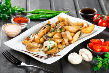 Roasted or baked potato with mushrooms, herbs, tomatoes and sauce on white plate on dark wooden background. Italian dish