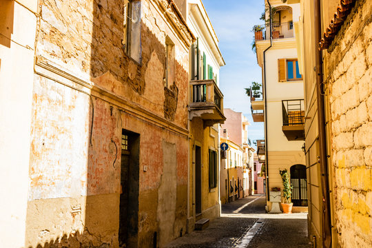 Empty street in the city of Olbia, Italy. Italian architecture. 