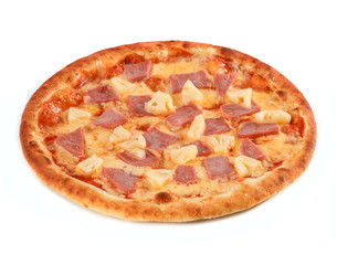 Pizza with ham, cheese and pineapple isolated on white