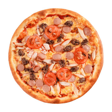 Pizza with ground beef, sausage, ham, tomato and cheese isolated on white. Italian cuisine