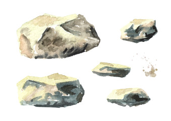 Stone set. Watercolor hand drawn illustration, isolated on white background © dariaustiugova