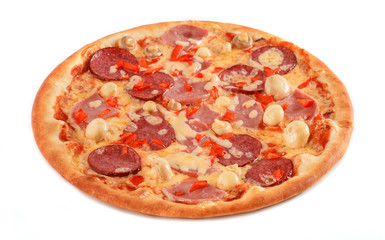 Pizza with salami, pastrami, ham, mushrooms and pepper isolated on white