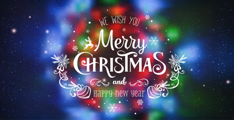 Christmas and New Year Typographical on shiny Xmas background with winter landscape with snowflakes, light, stars.