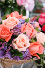 Pink roses. A closed up of flower bouquet with selective focus on the pink rose, flowers for surprise on Valentines, birthday and anniversary occasions.