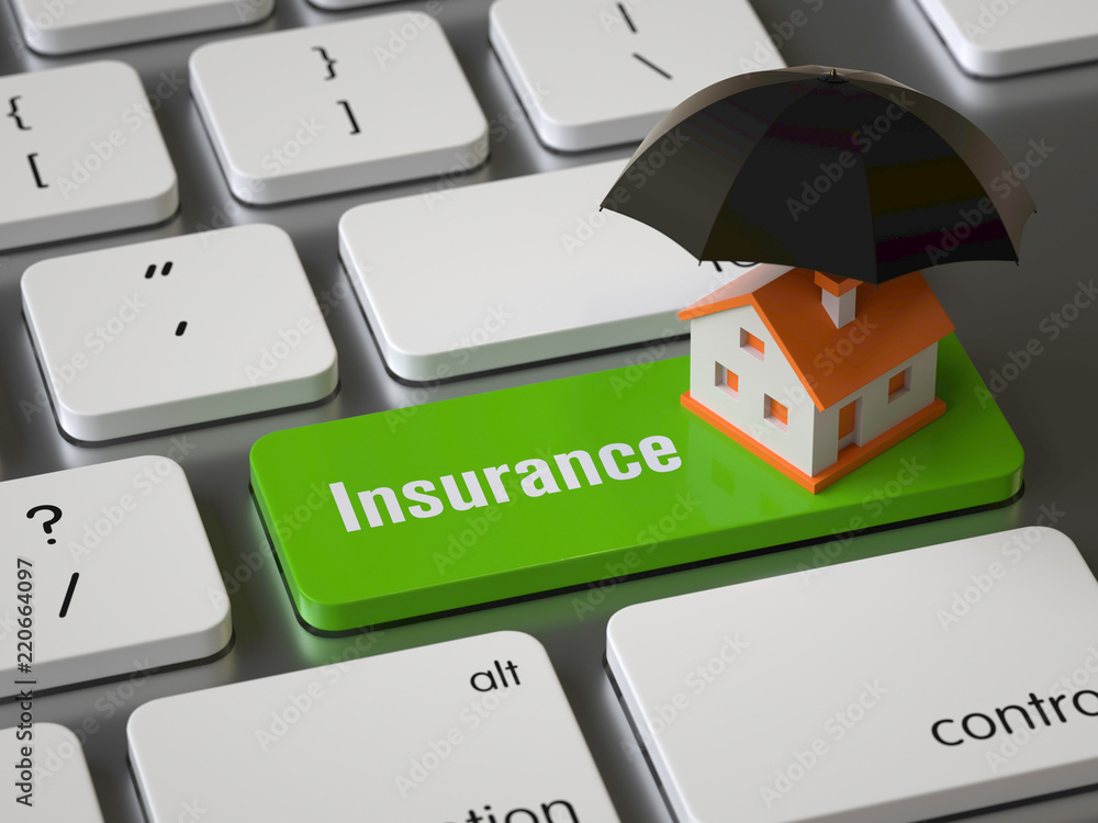 Poster insurance key on the keyboard, 3d rendering,conceptual image.