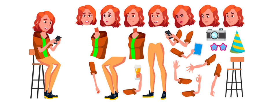 Teen Girl Vector. Animation Creation Set. Face Emotions, Gestures. Adult People. Casual. Animated. For Presentation, Print, Invitation Design. Isolated Cartoon Illustration