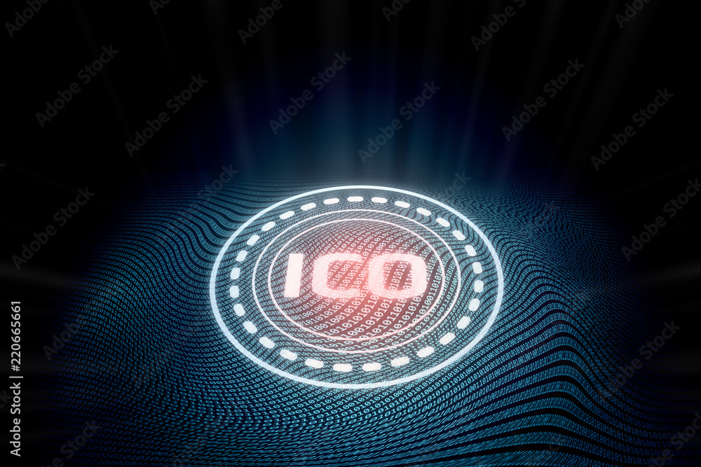 Poster futuristic digital glowing initial coin offering (ico) with abstract binary zero-one text wave backg