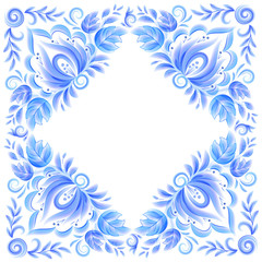 Blue painted style flowers vector frame or shawl design with white space