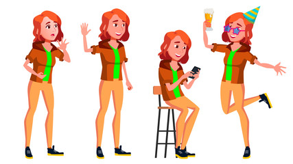 Teen Girl Poses Set Vector. Friendly, Cheer. For Banner, Flyer, Brochure Design. Isolated Cartoon Illustration