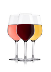Glasses of white red and pink rose wine on white
