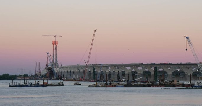 Major construction site of a bridge in a metropolis, Montreal, Canada