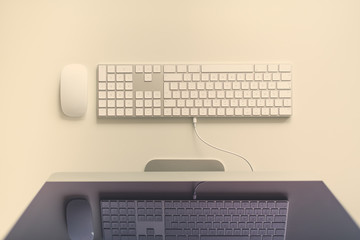 Minimalistic workspace. White office desk table with computer keyboard, mouse, monitor. Top view, copy space, flat lay.