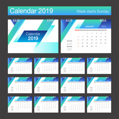 2019 Calendar. Desk Calendar modern design template. Week starts Sunday.