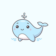 Obraz premium Ładny płetwal błękitny rozpylający wodę wektorową w stylu cartoon kawaii