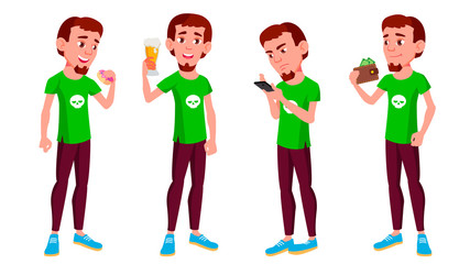 Teen Boy Poses Set Vector. Fun, Cheerful. For Web, Poster, Booklet Design. Isolated Cartoon Illustration