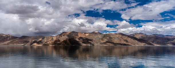 Pangong Lake with Cloudy sky Panorama in July 2018, Ladakh, Jammu and Kashmir, India - Image