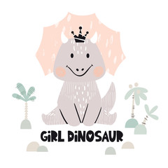 Dinosaur baby girl cute print. Sweet dino princess with crown. Cool triceratops illustration © Vasileva
