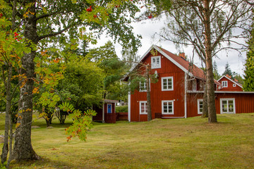 Fototapeta na wymiar A typical red and white Scandinavian house for a family on the countryside in Sweden with a lot of garden around it