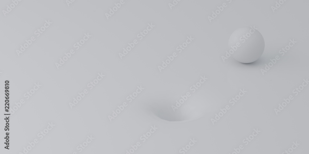 Poster Abstract of white surface with random position of hole and white sphere ball,minimal concept,Futuristic space. 3D rendering