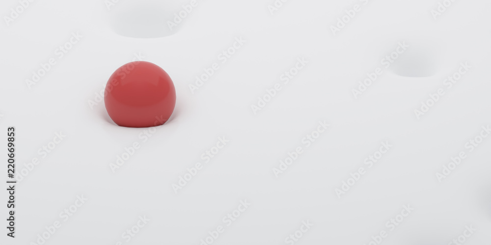 Poster Abstract of white surface with random position of hole and red sphere ball,minimal concept,Futuristic space. 3D rendering