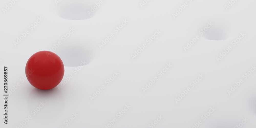 Poster Abstract of white surface with random position of hole and red sphere ball,minimal concept,Futuristic space. 3D rendering