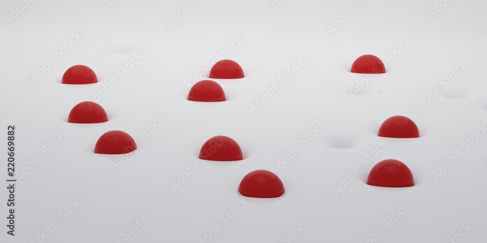 Poster Abstract of white surface with random position of hole and red sphere ball,minimal concept,Futuristic space. 3D rendering