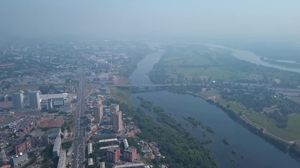 Aerial drone shot of the city on the Yenisei river