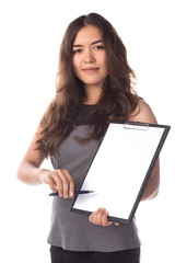 Fototapeta premium Smiling woman with clipboard offer to sign job contract