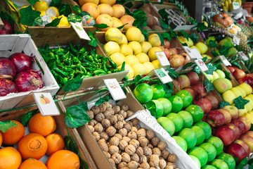 Assortment of fresh colorful fruits at market
