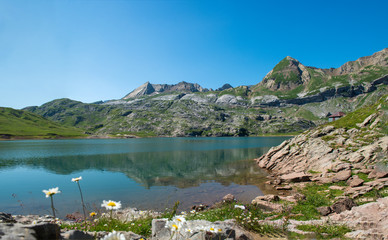 view of lake Estaens in the Pyrenees mountains