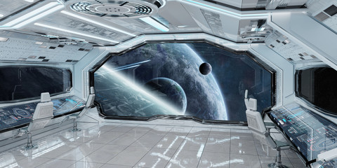 White clean spaceship interior with view on planet Earth 3D rendering © sdecoret