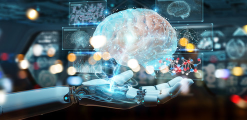 White man humanoid creating artificial intelligence 3D rendering