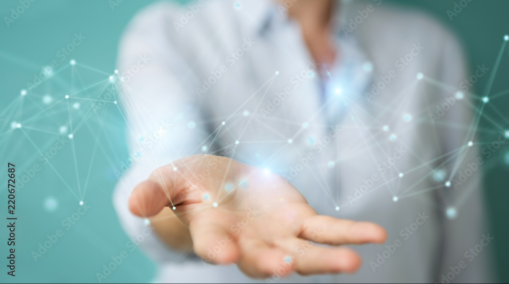 Aufkleber businesswoman using futuristic connection interface 3d rendering