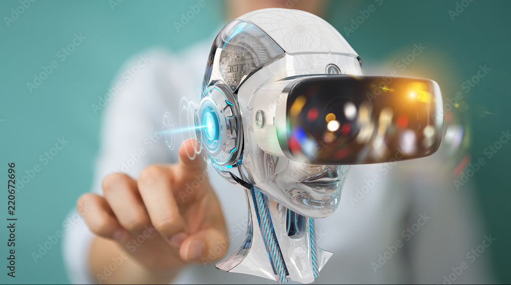 Poster businesswoman using virtual reality and artificial intelligence 3d rendering