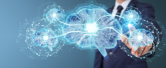 Businessman creating artificial intelligence in a digital brain 3D rendering