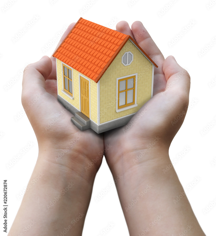 Poster house in hands. image with clipping path
