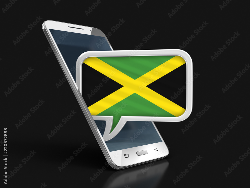Poster touchscreen smartphone and speech bubble with jamaican flag. image with clipping path