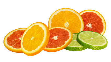 Juicy orange slices isolated on white background with clipping path