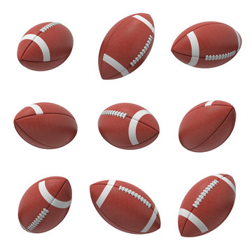3d rendering of several oval American football ball hanging on a white background and shown from different sides.